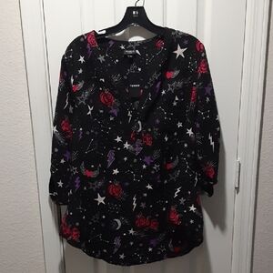 torrid Black Blouse with Red Roses & Purple Stars